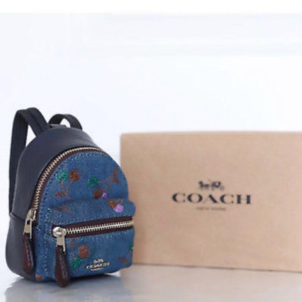 RARE Mini COACH Backpack Keychain Keyring CHERRY DENIM Blue Brown Leather